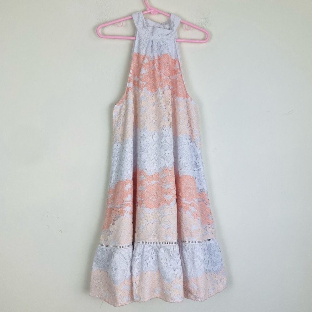 Janie and Jack, White and pink lace sleeveless dress with flounce. Size 8.